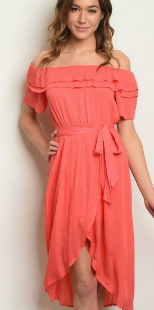 Coral Off The Shoulder High Low Tunic Dress